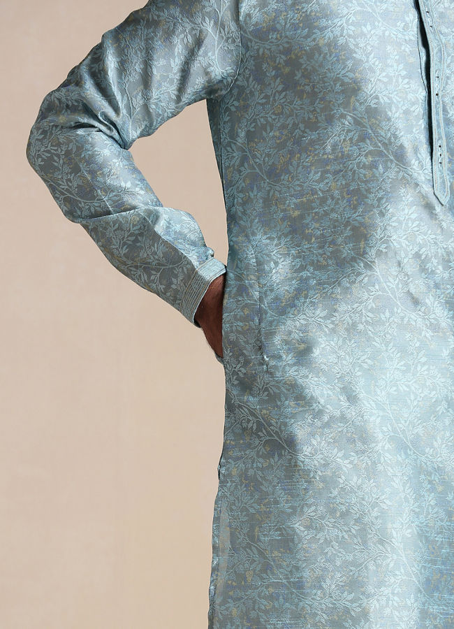 alt message - Manyavar Men Aquamarine Blue Jacquard Pattern Kurta Set image number 2